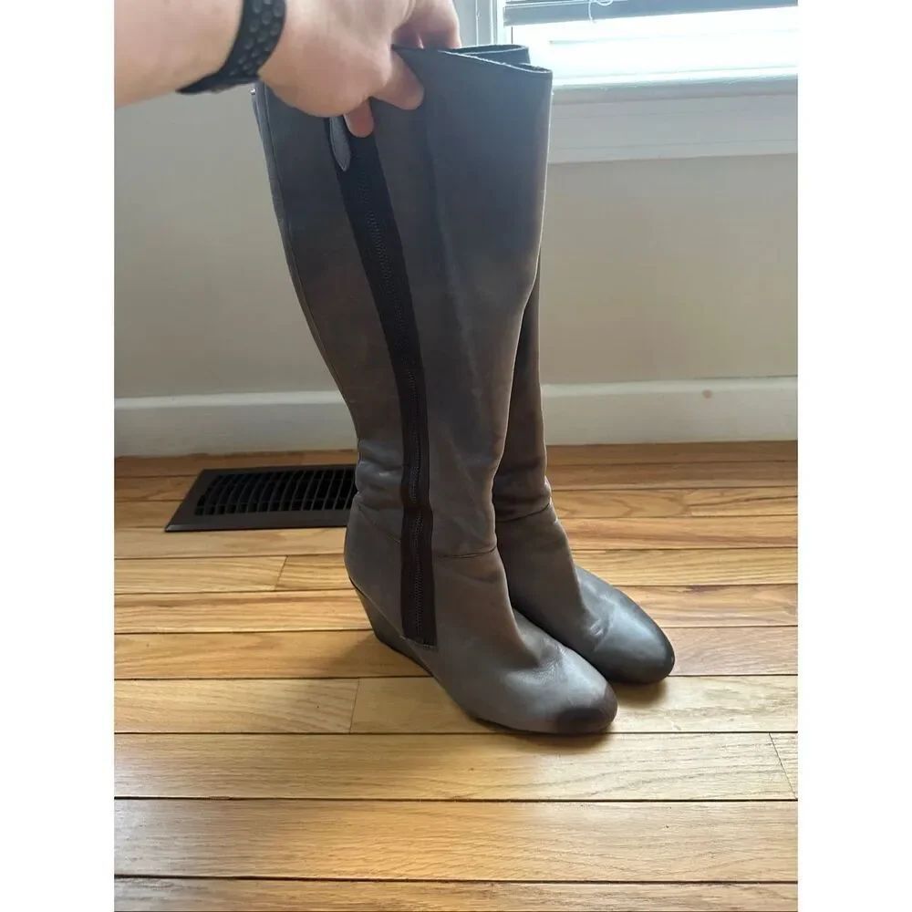 Franco Sarto Leather Knee High Wedge Boots Women’s Size 10 Gray